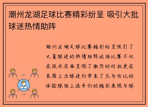 潮州龙湖足球比赛精彩纷呈 吸引大批球迷热情助阵