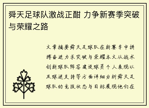 舜天足球队激战正酣 力争新赛季突破与荣耀之路