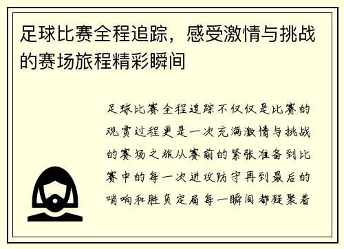 足球比赛全程追踪，感受激情与挑战的赛场旅程精彩瞬间