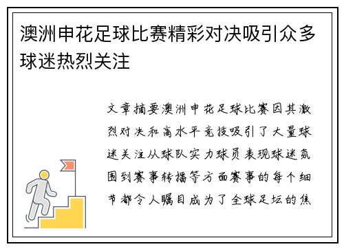 澳洲申花足球比赛精彩对决吸引众多球迷热烈关注