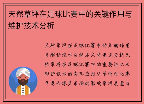 天然草坪在足球比赛中的关键作用与维护技术分析