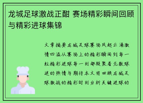 龙城足球激战正酣 赛场精彩瞬间回顾与精彩进球集锦