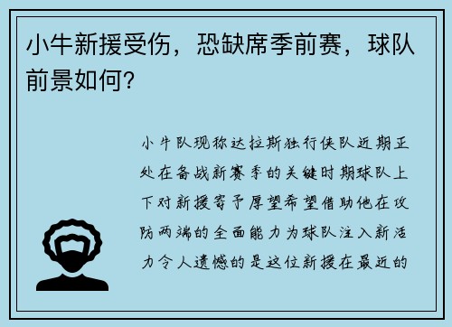 小牛新援受伤，恐缺席季前赛，球队前景如何？