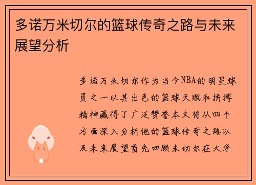多诺万米切尔的篮球传奇之路与未来展望分析