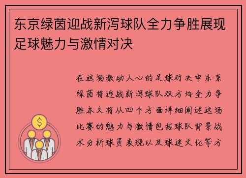 东京绿茵迎战新泻球队全力争胜展现足球魅力与激情对决