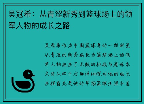 吴冠希：从青涩新秀到篮球场上的领军人物的成长之路